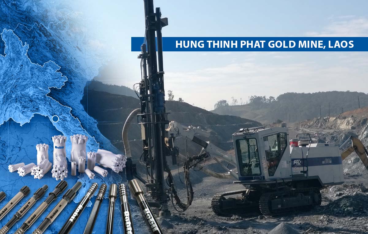 A Top-Hammer drilling rig at the Hung Thinh Phat gold mine, Laos, along with Robit drilling consumables.